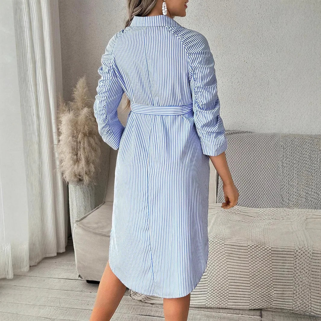 Striped Button-Down Maternity Shirt Dress – Lapel Collar & Waist Tie