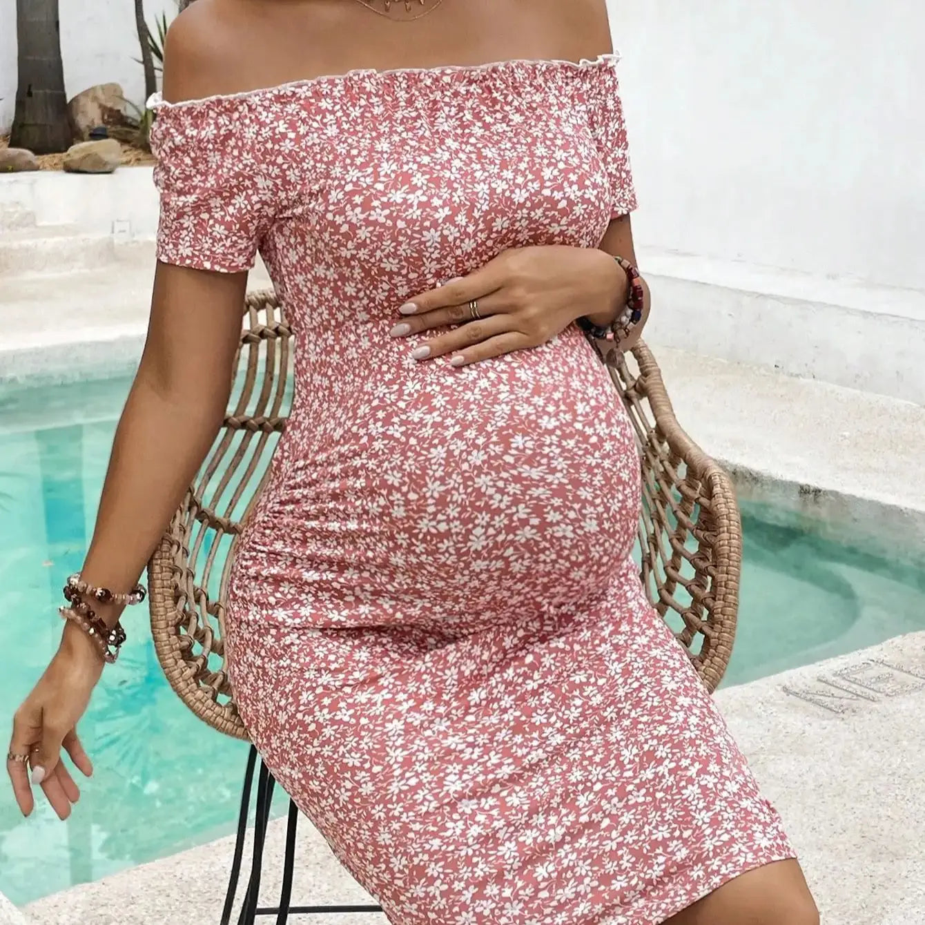 Off-Shoulder Floral Maternity Dress
