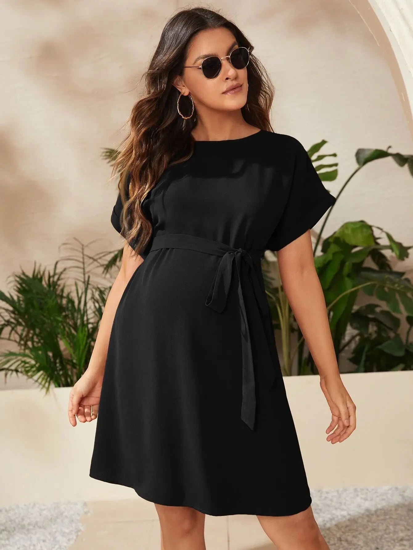 Short Sleeve Maternity A-Line Dress – Tie Waist Summer Casual Style