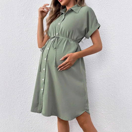 Short Sleeve Button-Down Maternity Shirt Dress – Summer Casual Comfort