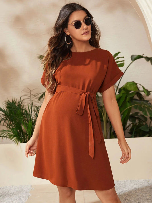 Short Sleeve Maternity A-Line Dress – Tie Waist Summer Casual Style