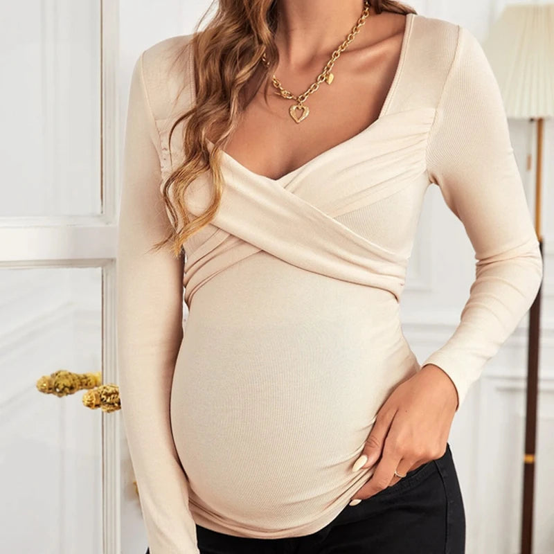 Cross Wrap Sweetheart Ribbed Maternity Top