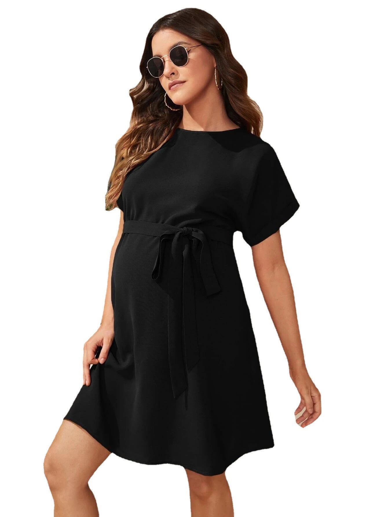 Short Sleeve Maternity A-Line Dress – Tie Waist Summer Casual Style