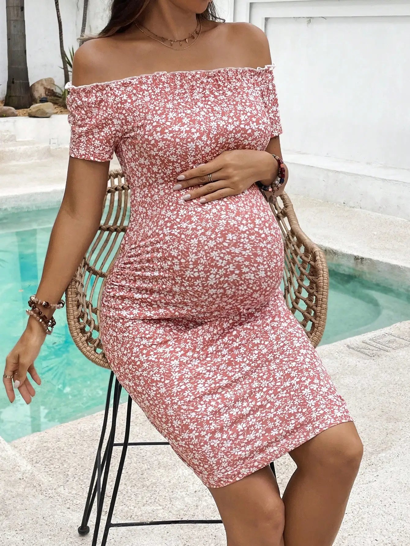 Off-Shoulder Floral Maternity Dress